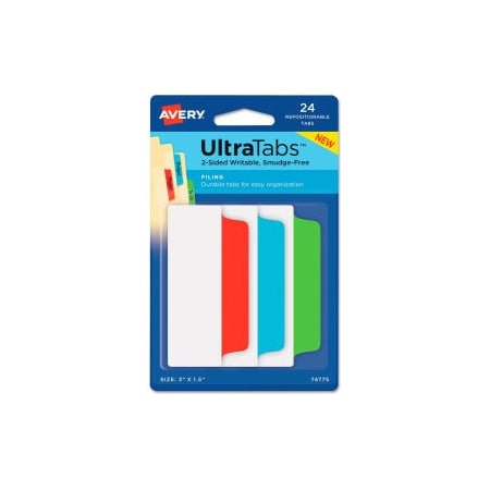 Avery Dennison Avery Ultra Tabs Repositionable Tabs, 3in x 1-1/2in, Primary: Blue, Green, Red, 24/Pack 74775